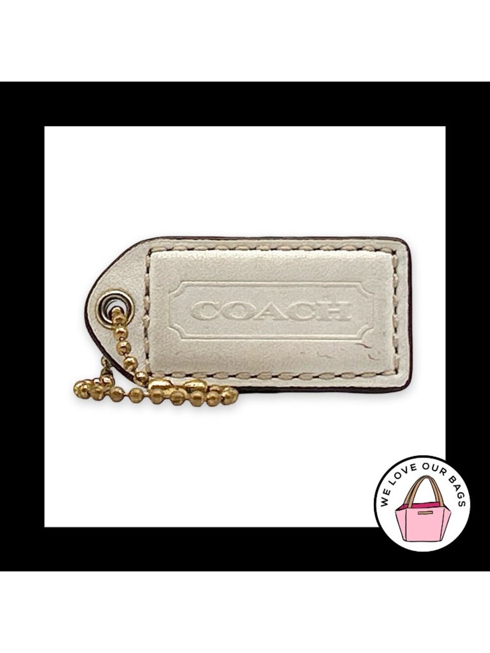 COACH Y2K VINTAGE Hang Tag 2" Chalk White Leather Bag Charm Keychain Fob Brass